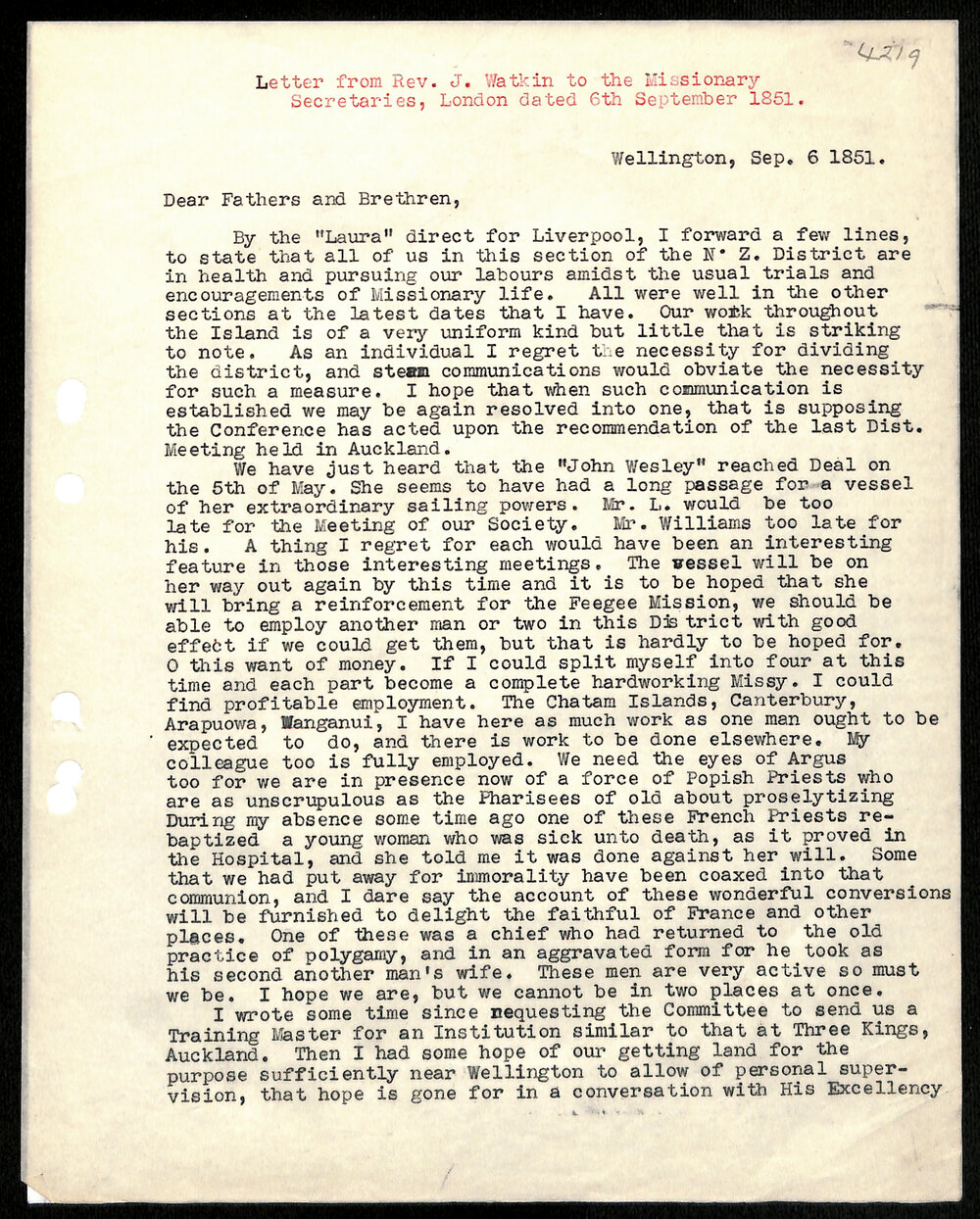 Letter to Missionary Secretaries from Rev. J. Watkin