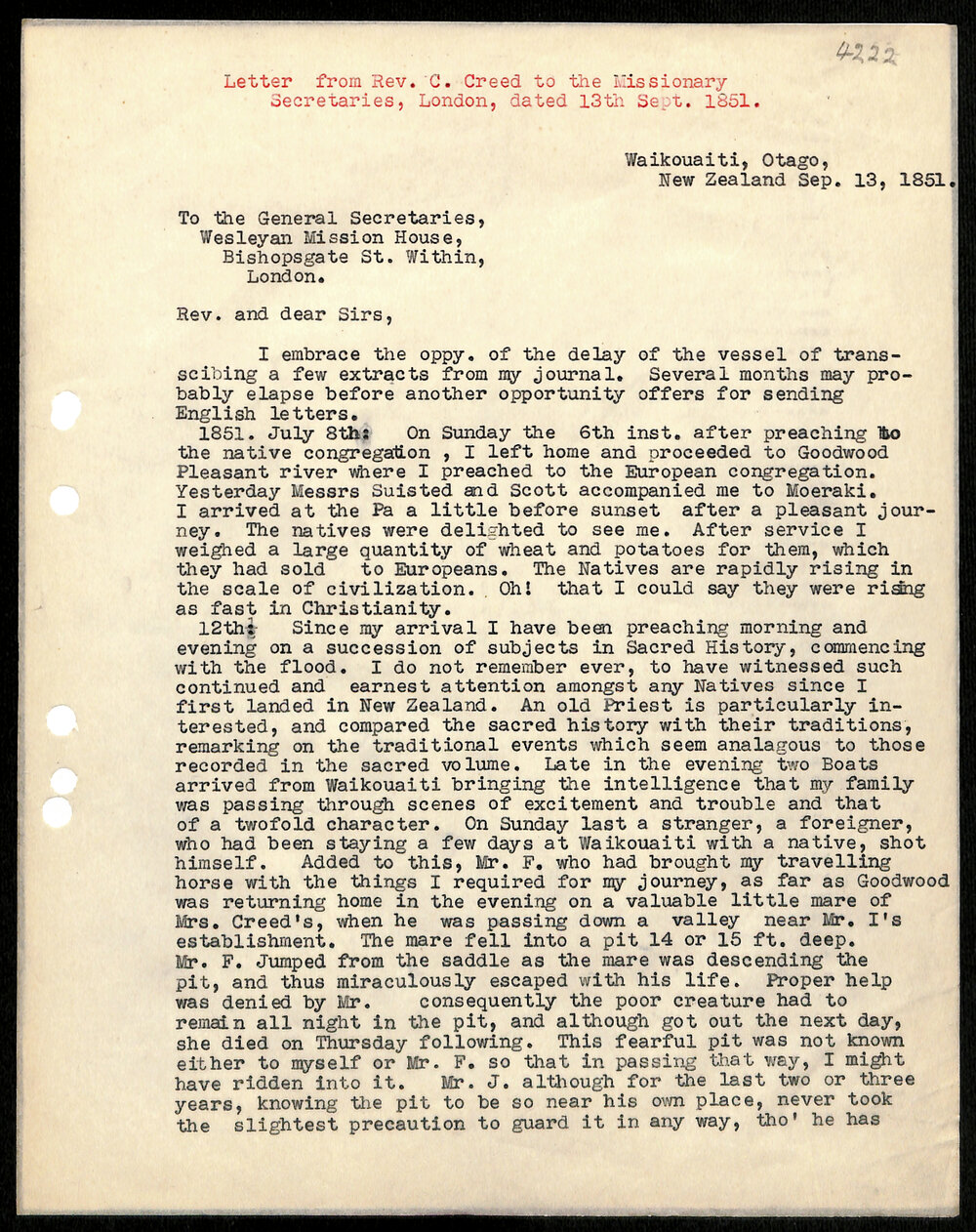 Letter to Missionary Secretaries from Rev. C. Creed