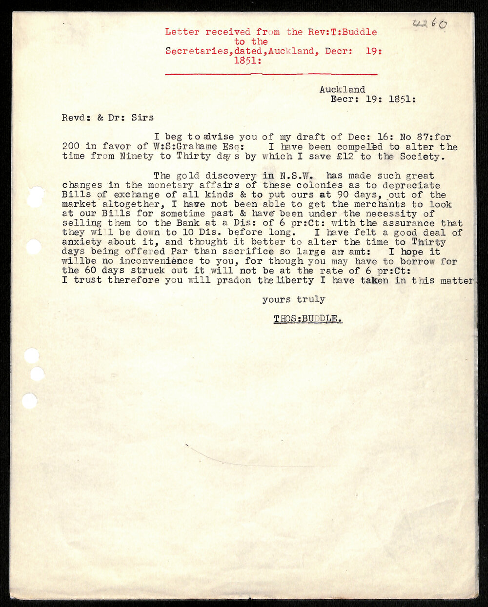 Letter to Secretaries from Thos Buddle