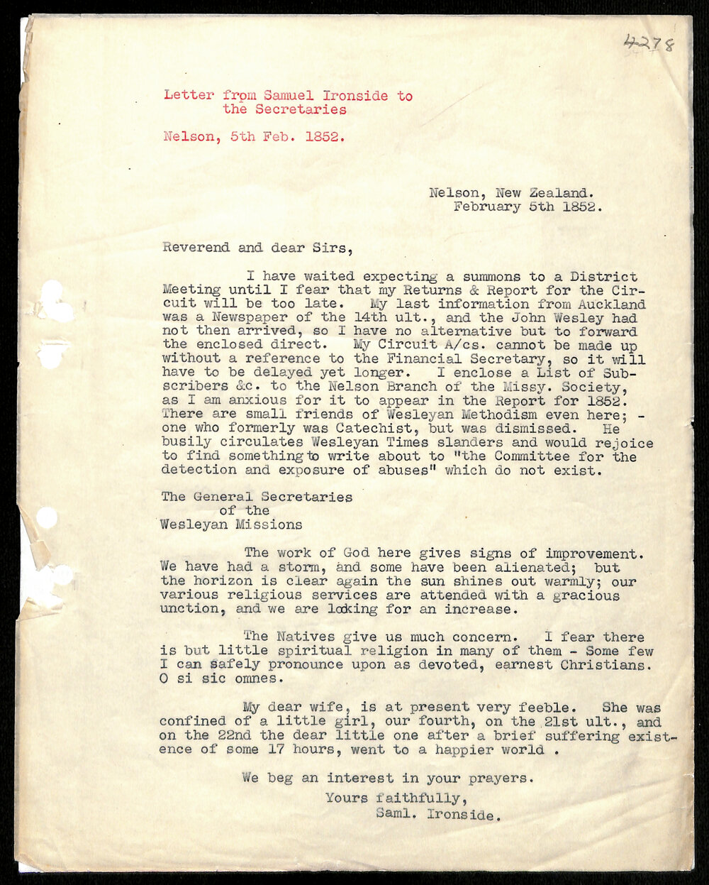 Letter to General Secretaries from Samuel Ironside