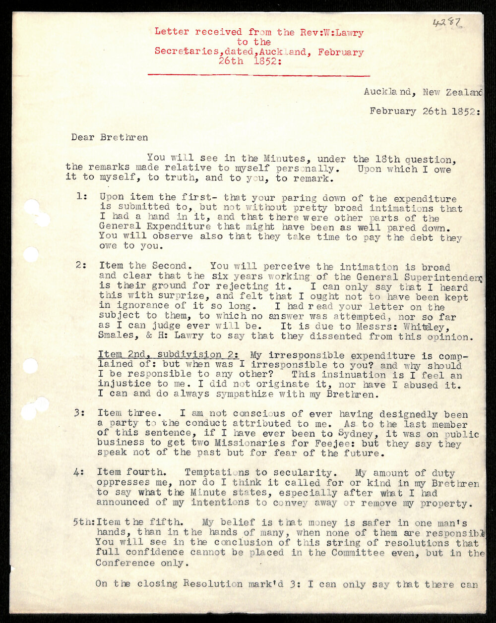 Letter to Secretaries from Rev. W. Lawry