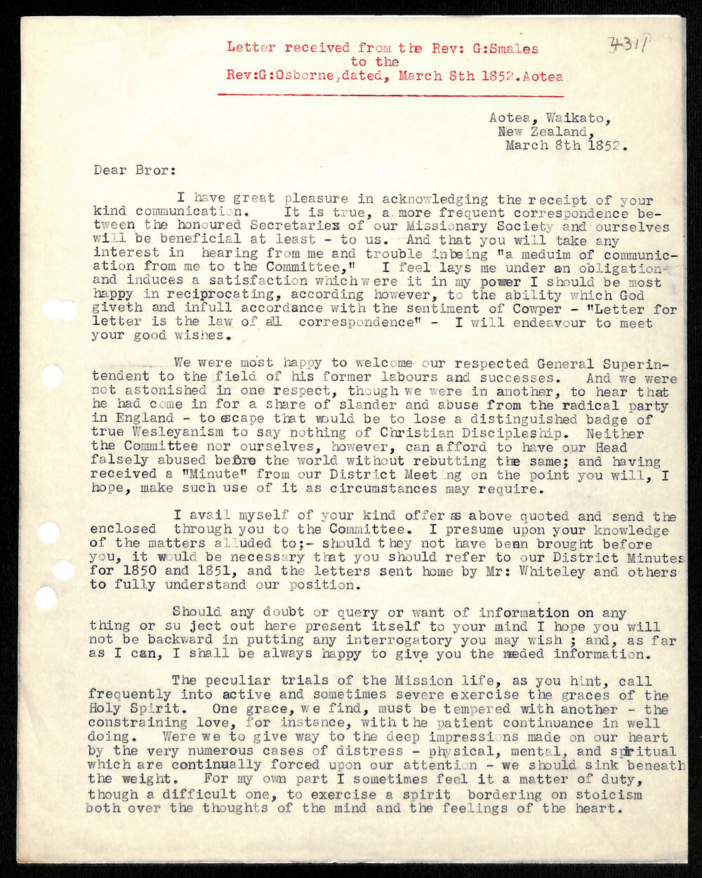Letter to Rev. G. Osborne from Rev. G. Smales