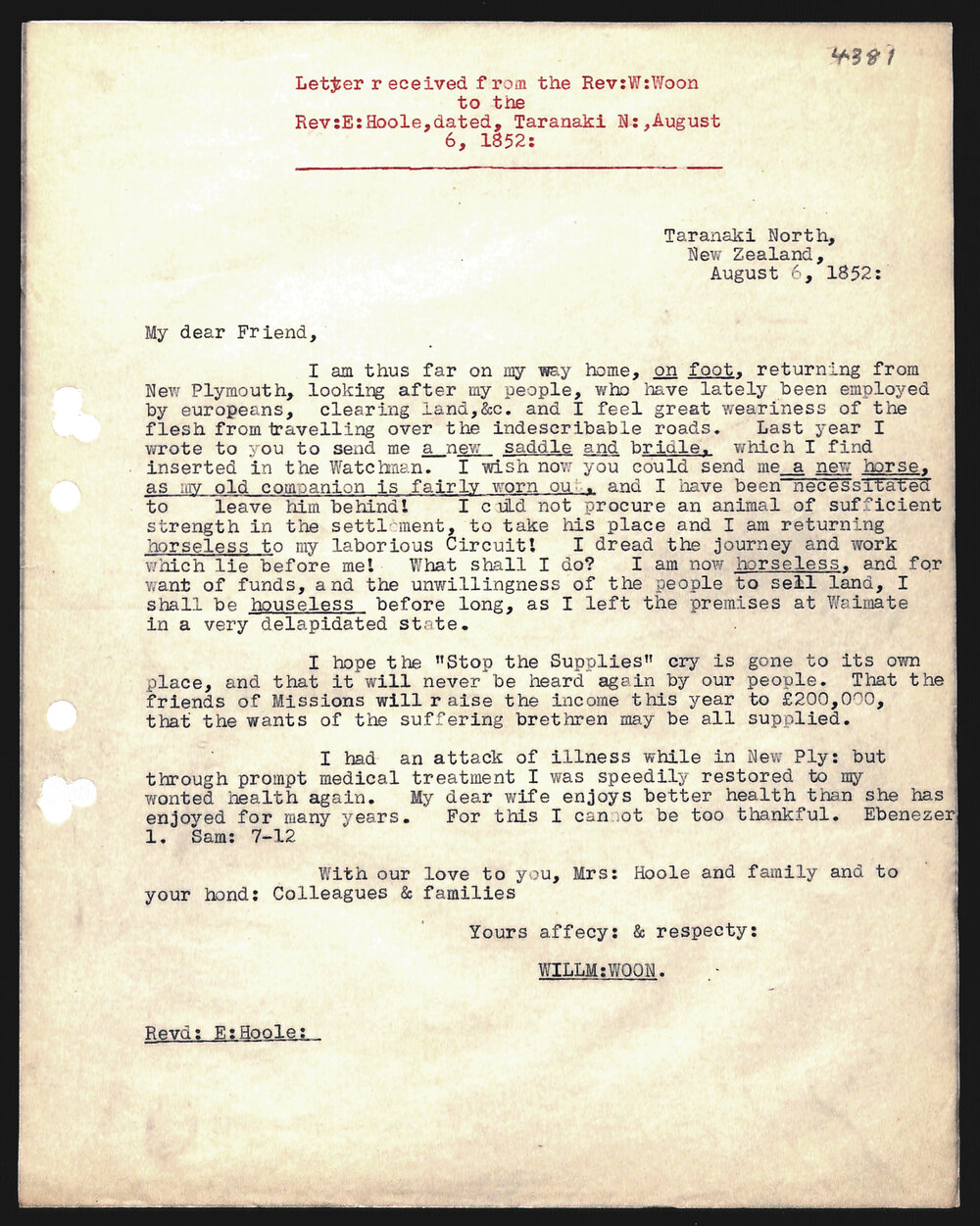Letter to Rev. E. Hoole from Rev. W. Woon