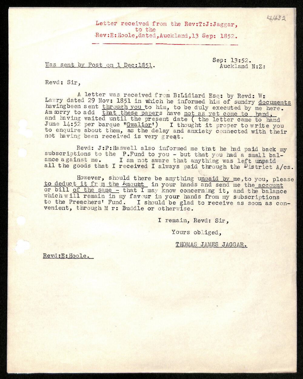 Letter to Secretaries from Rev. W. Lawry