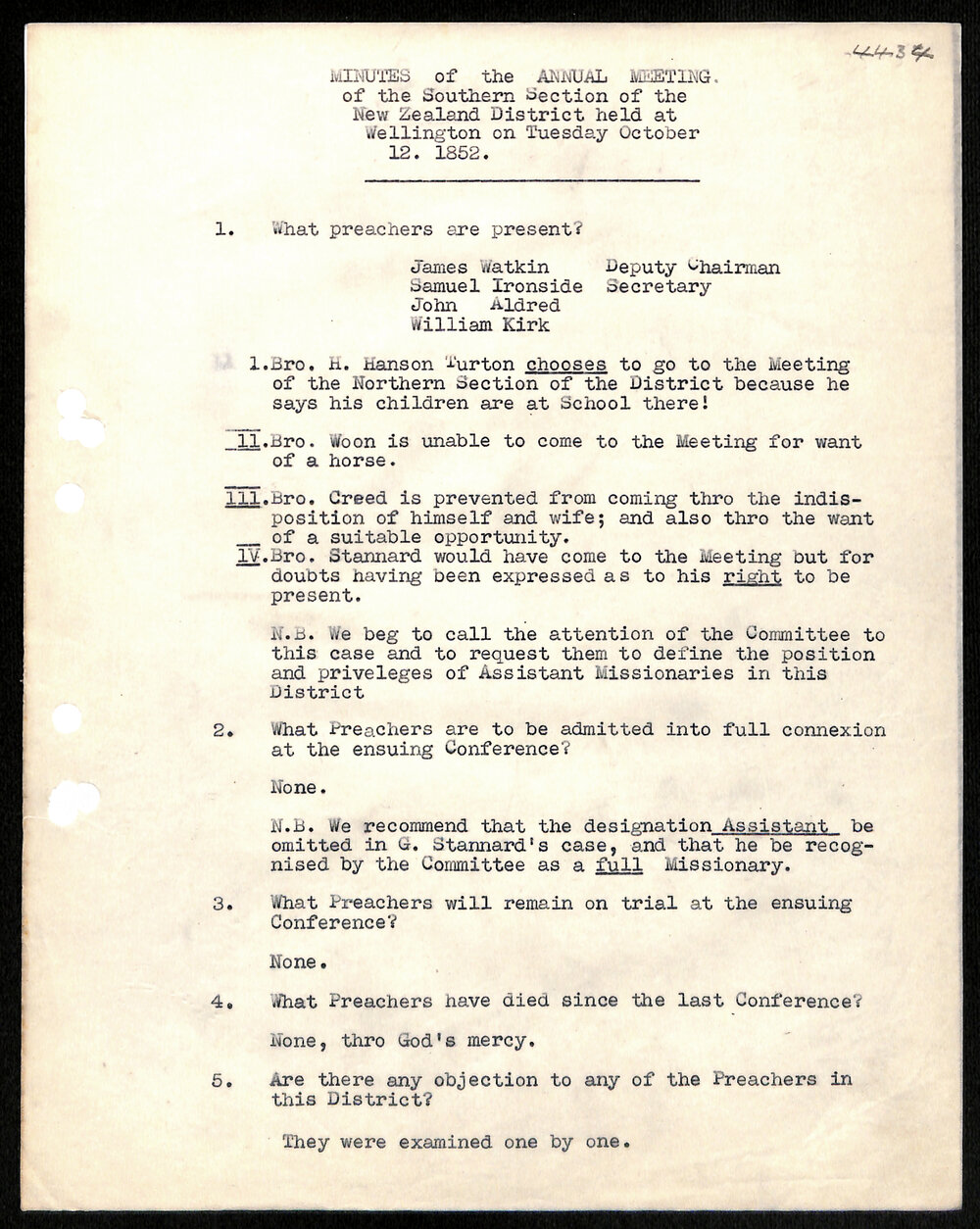 Minutes of Annual Meeting, Southern Section of New Zealand District, to Secretaries