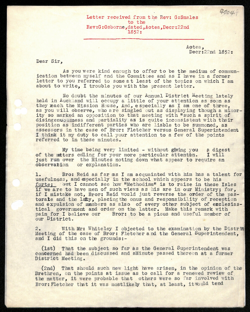 Letter to Rev. G. Osborne from Rev. G. Smales