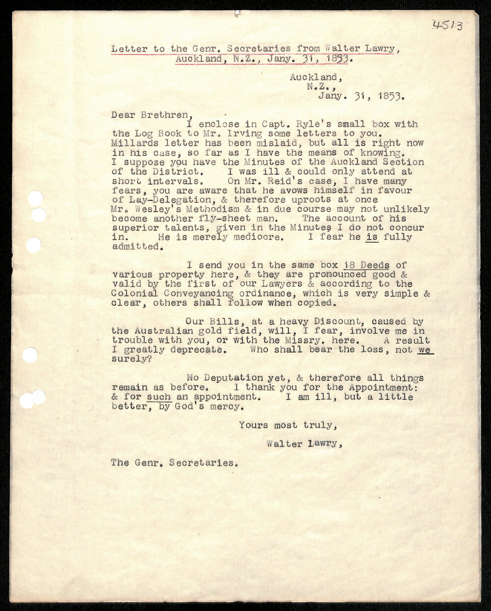 Letter to General Secretaries from Walter Lawry