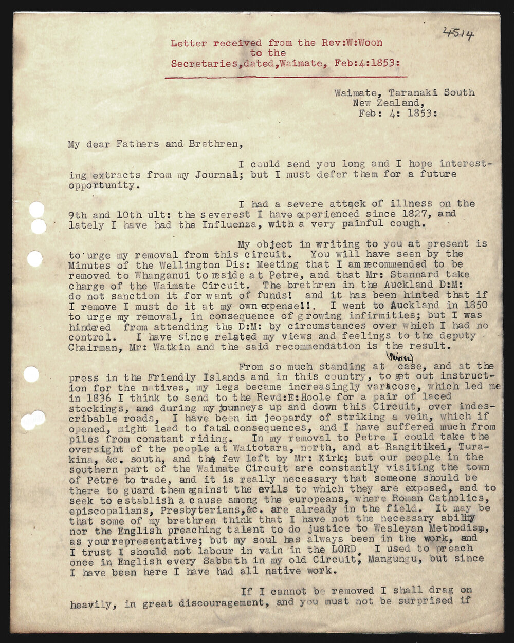 Letter to Secretaries from Rev. W. Woon