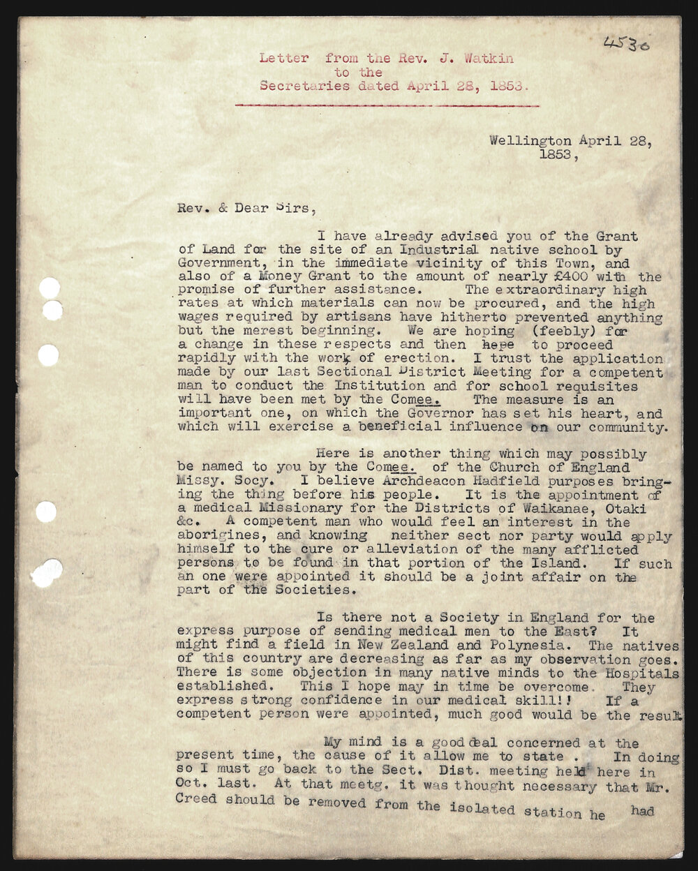 Letter to Secretaries from Rev. J. Watkin