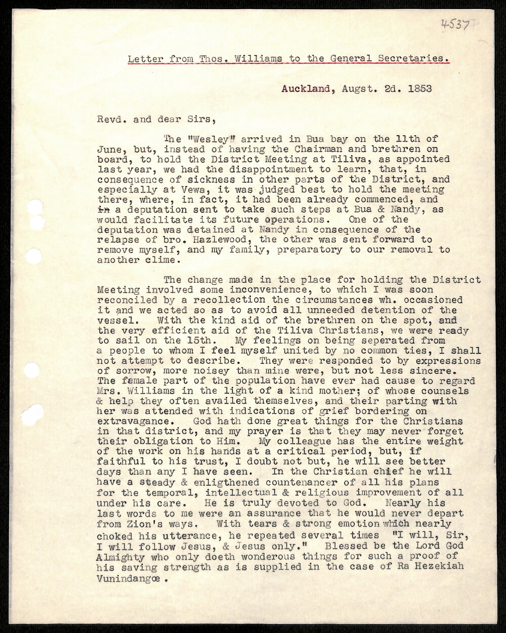 Letter to General Secretaries from Thos Williams