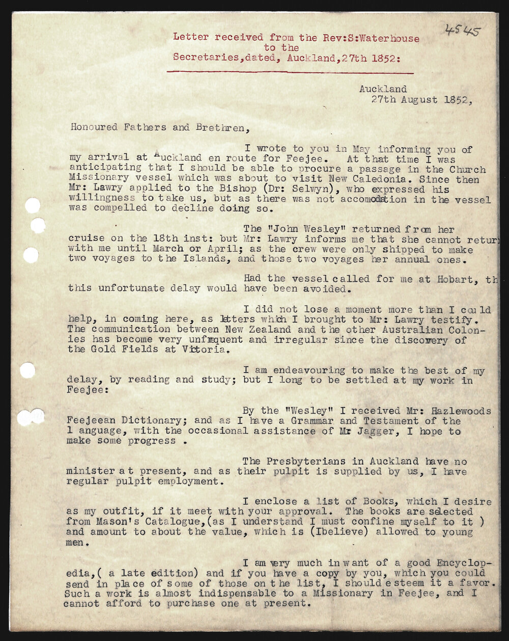 Letter to Secretaries from Rev. S. Waterhouse