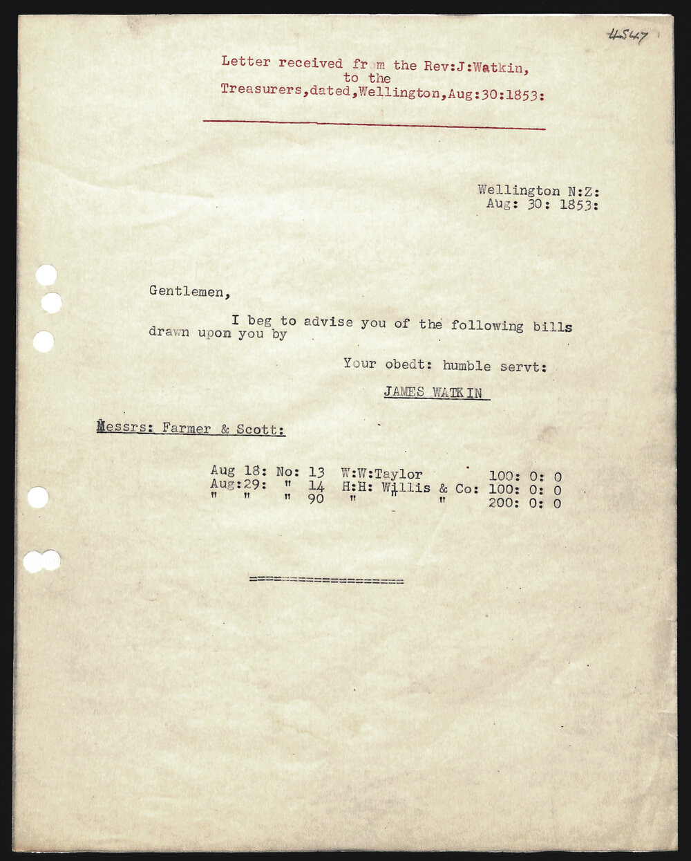 Letter to Treasurers from Rev. J. Watkin