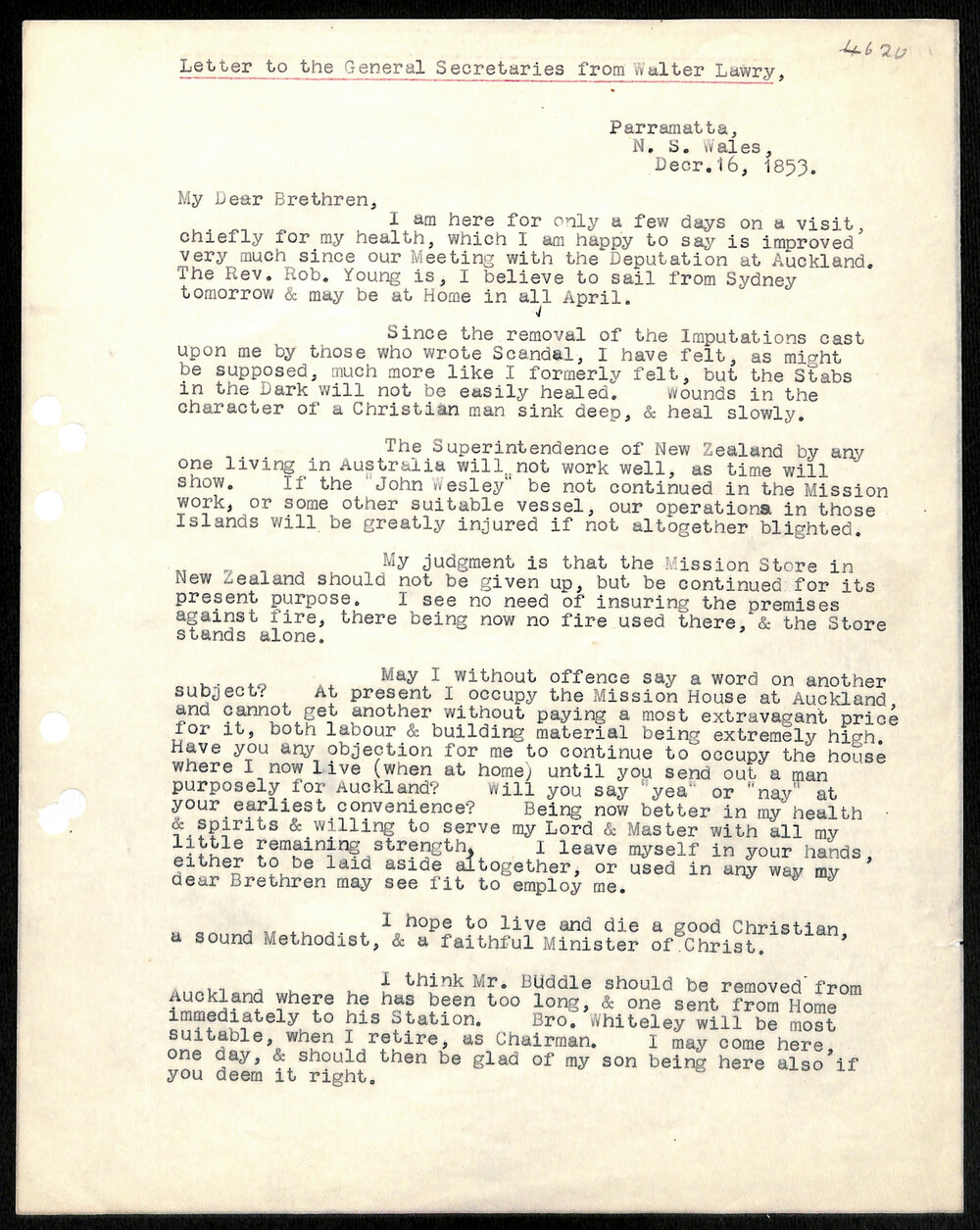 Letter to General Secretaries from Walter Lawry