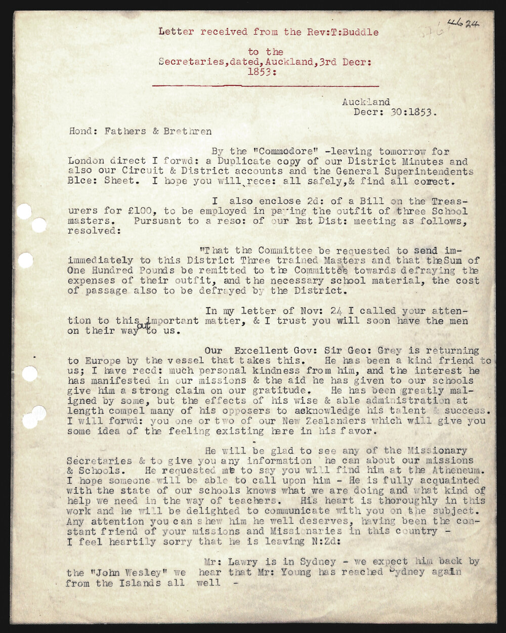 Letter to Secretaries from Rev. T. Buddle