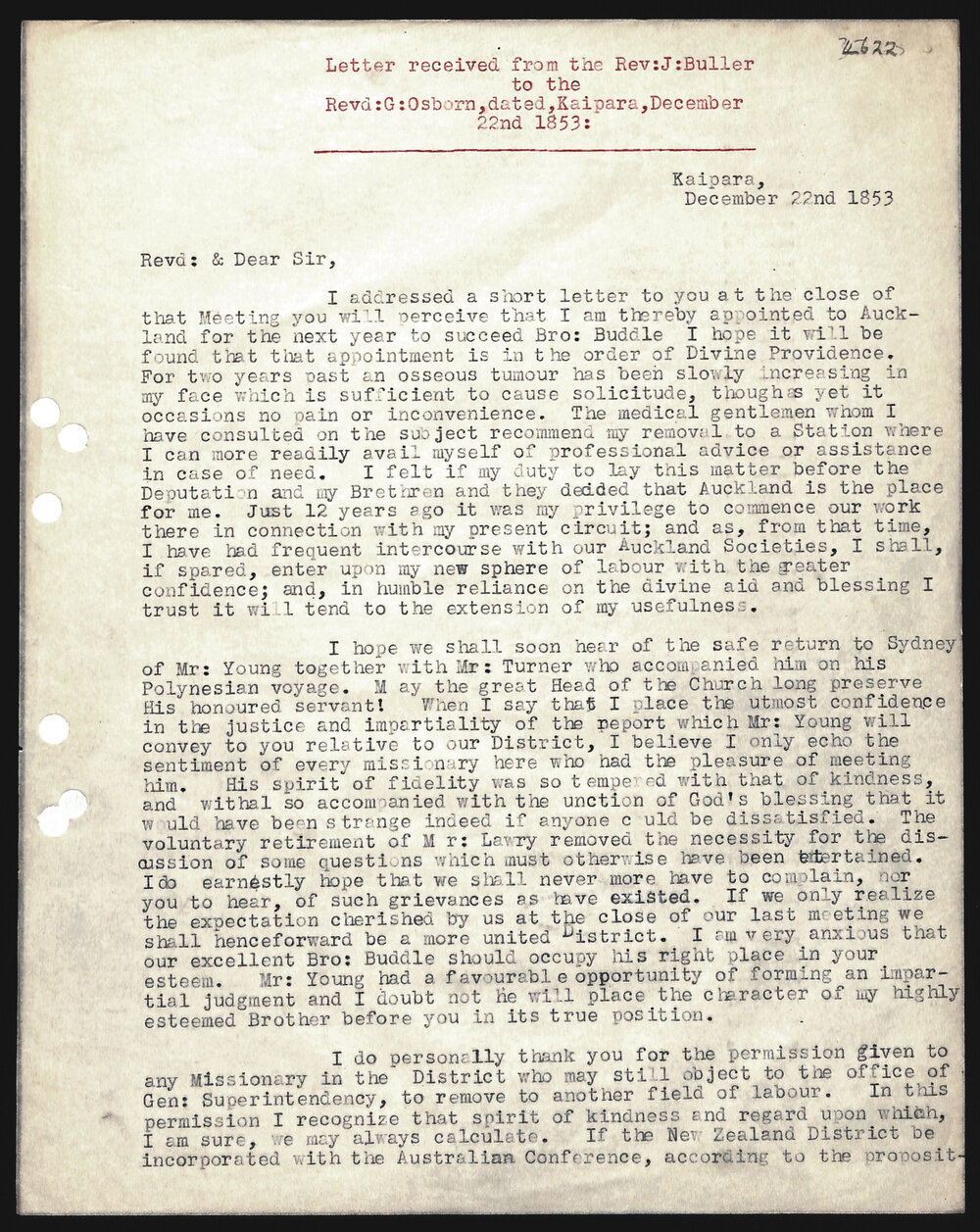 Letter to Rev. G. Osborne from Rev. J. Buller