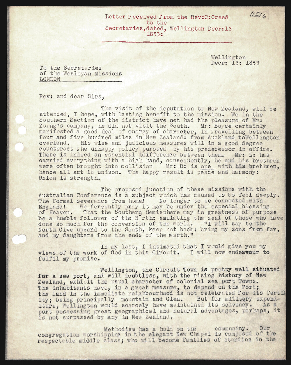 Letter to Secretaries from Rev. C. Creed