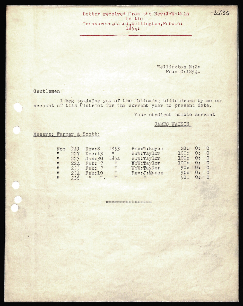Letter to Treasurers from Rev. J. Watkin