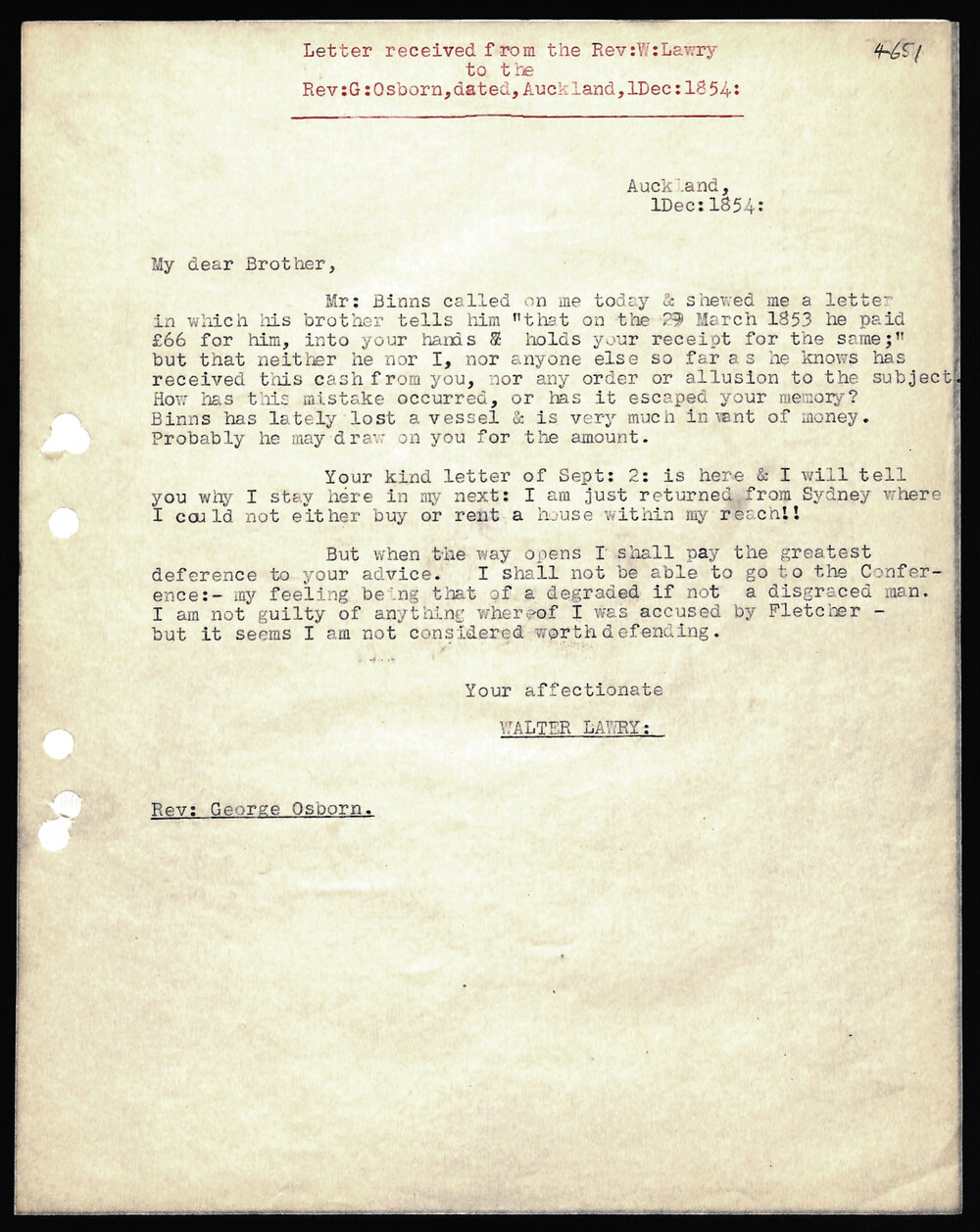 Letter to Secretaries from Rev. W. Lawry