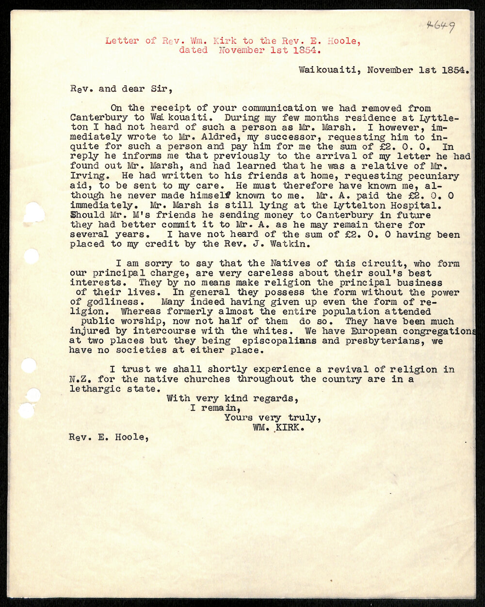 Letter to Treasurers from Rev. J. Watkin
