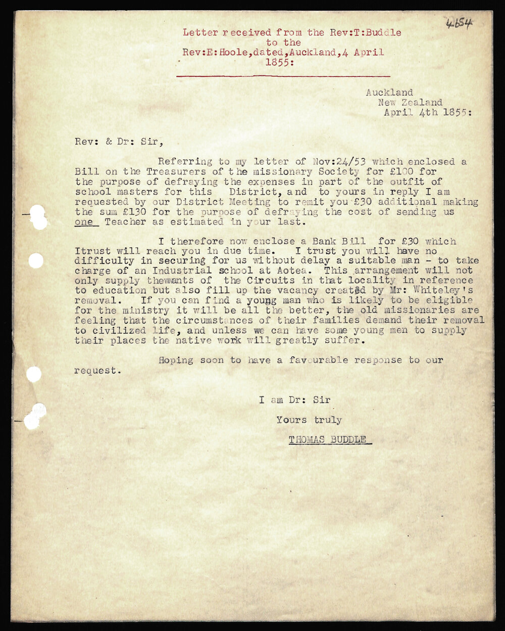 Letter to Rev. E. Hoole from Rev. T. Buddle