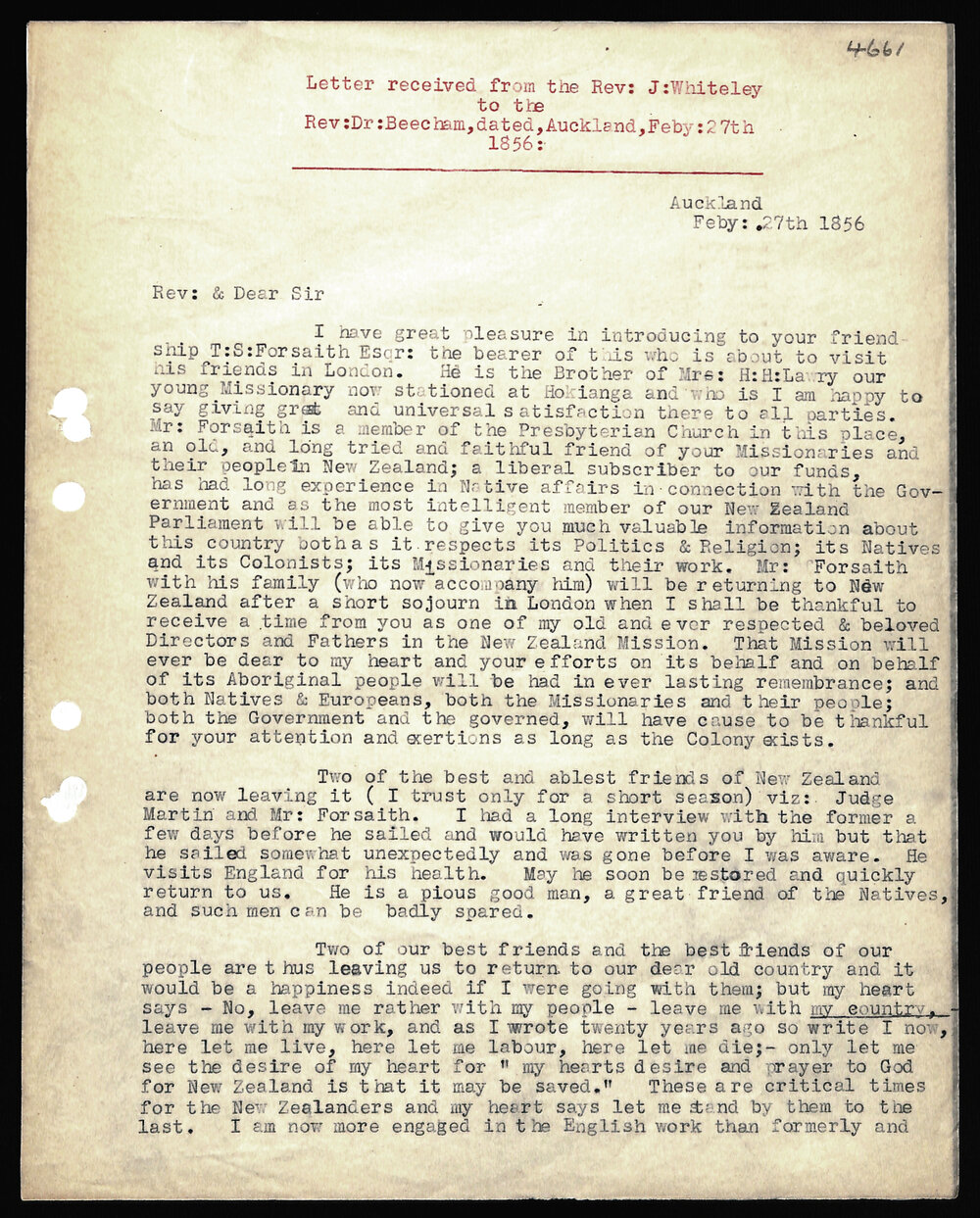 Letter to Rev. Dr. Beecham from Rev. J. Whiteley