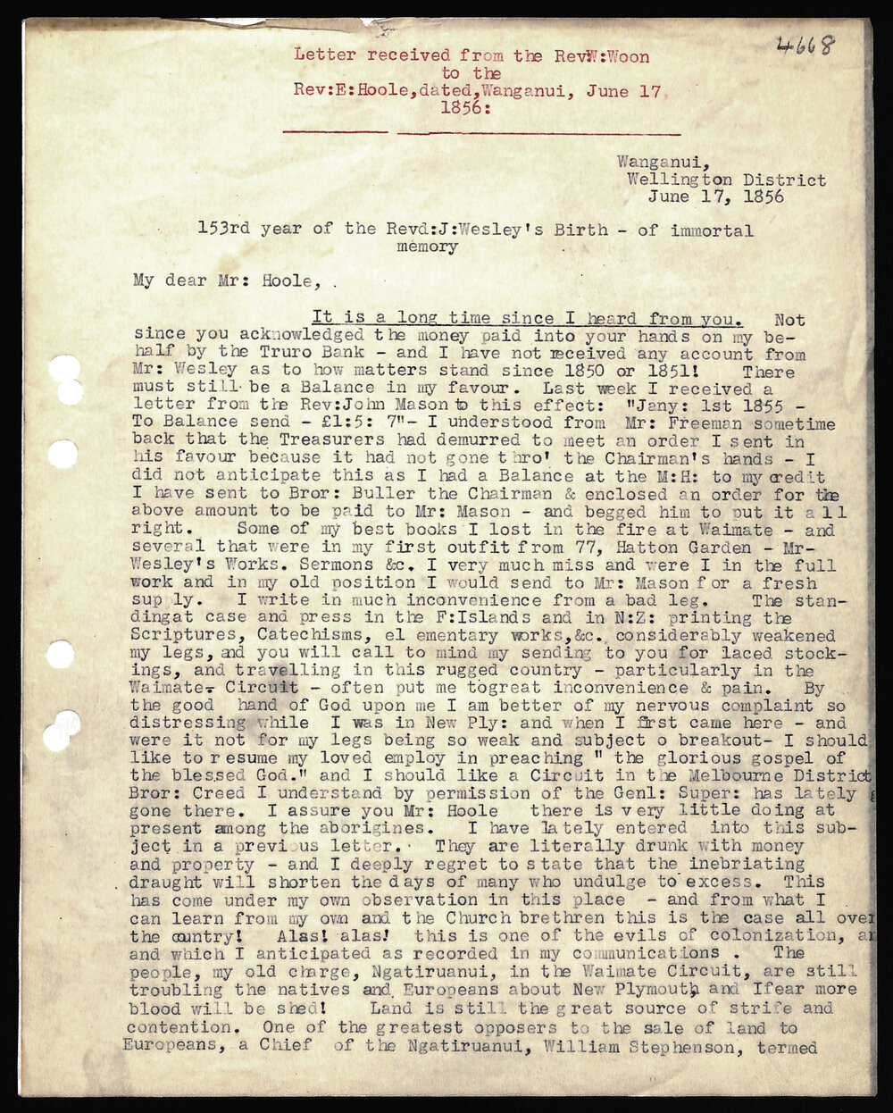 Letter to Rev. E. Hoole from Rev. W. Woon