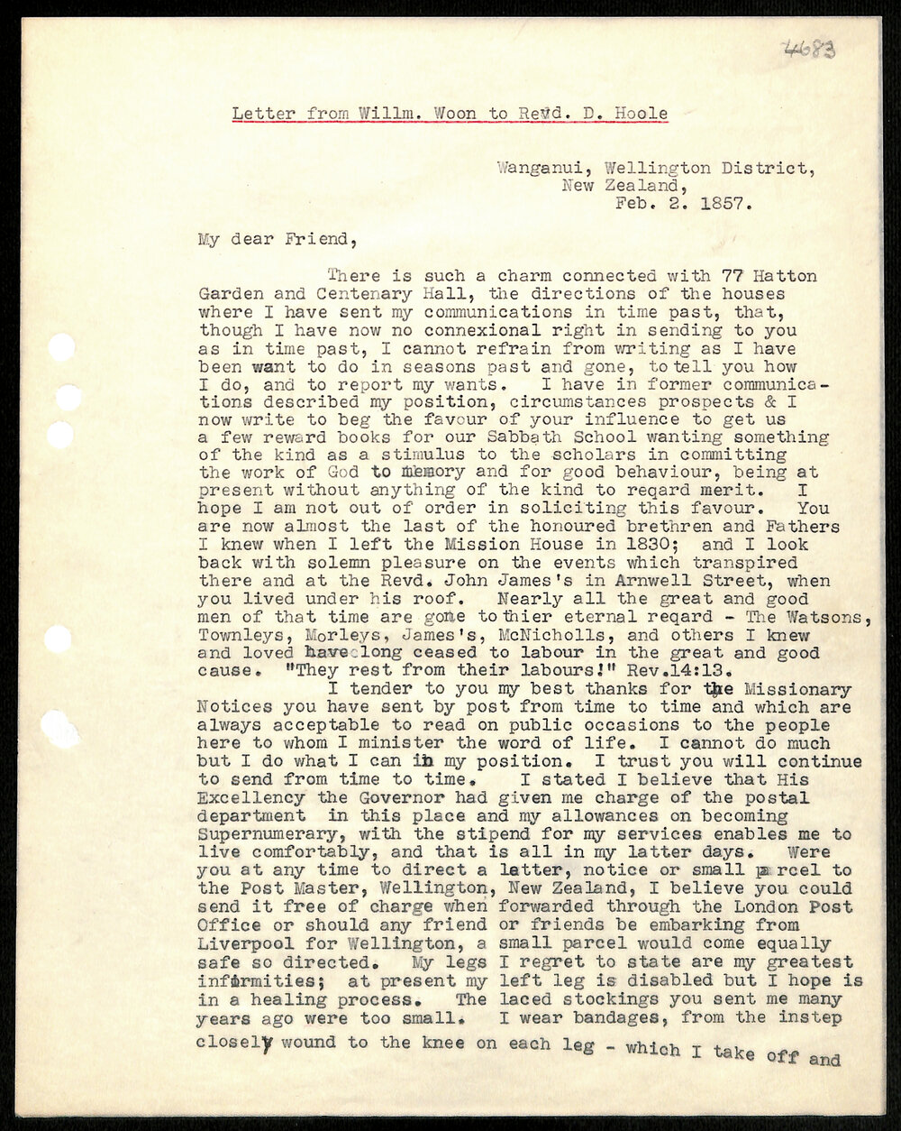 Letter to Rev. Dr. Hoole from William Woon