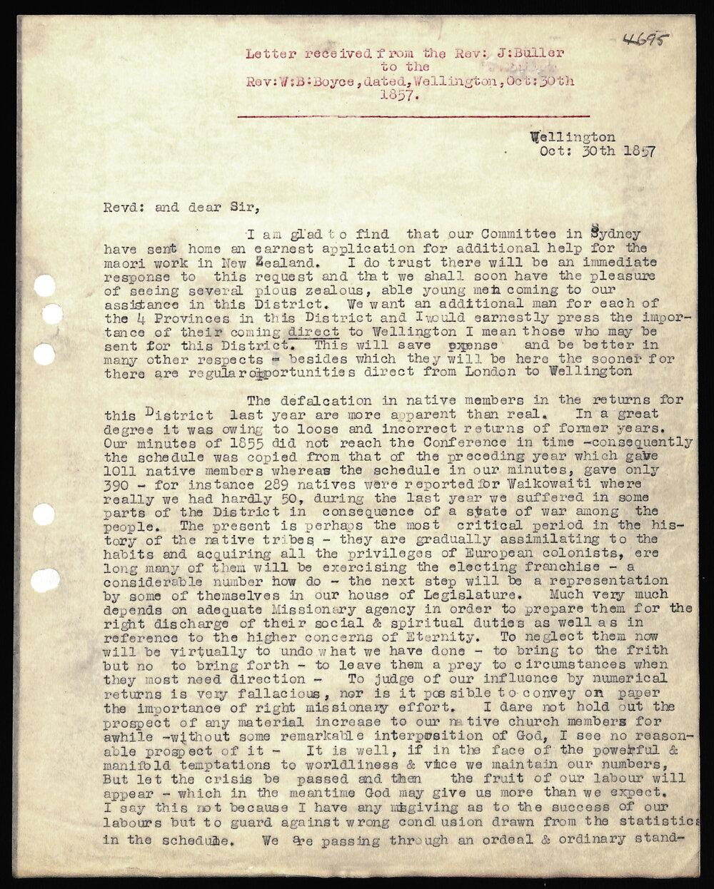 Letter to Rev. W. B. Boyce from Rev. J. Buller