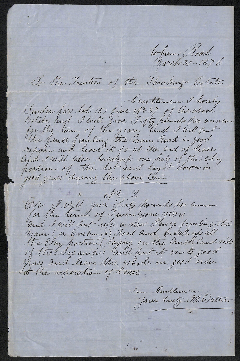 Three Kings Native Institution &ndash; Three Kings Letter from I.R. Walters to Trustees of Three Kings Estate 