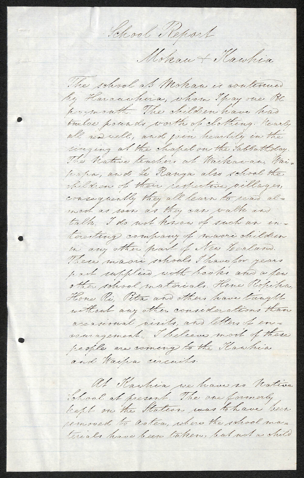 Mokau Circuit &ndash; Mokau and Kawhia Schools Report by Rev. C. H. Schnackenberg