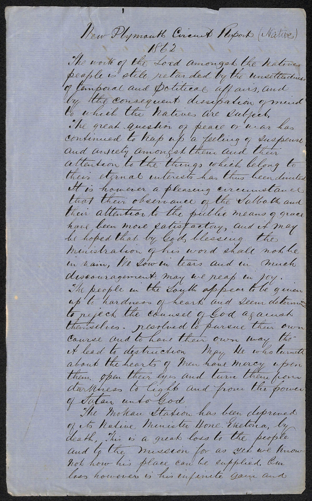 New Plymouth Native Circuit &ndash; New Plymouth Native Department Report by Rev. John Whiteley