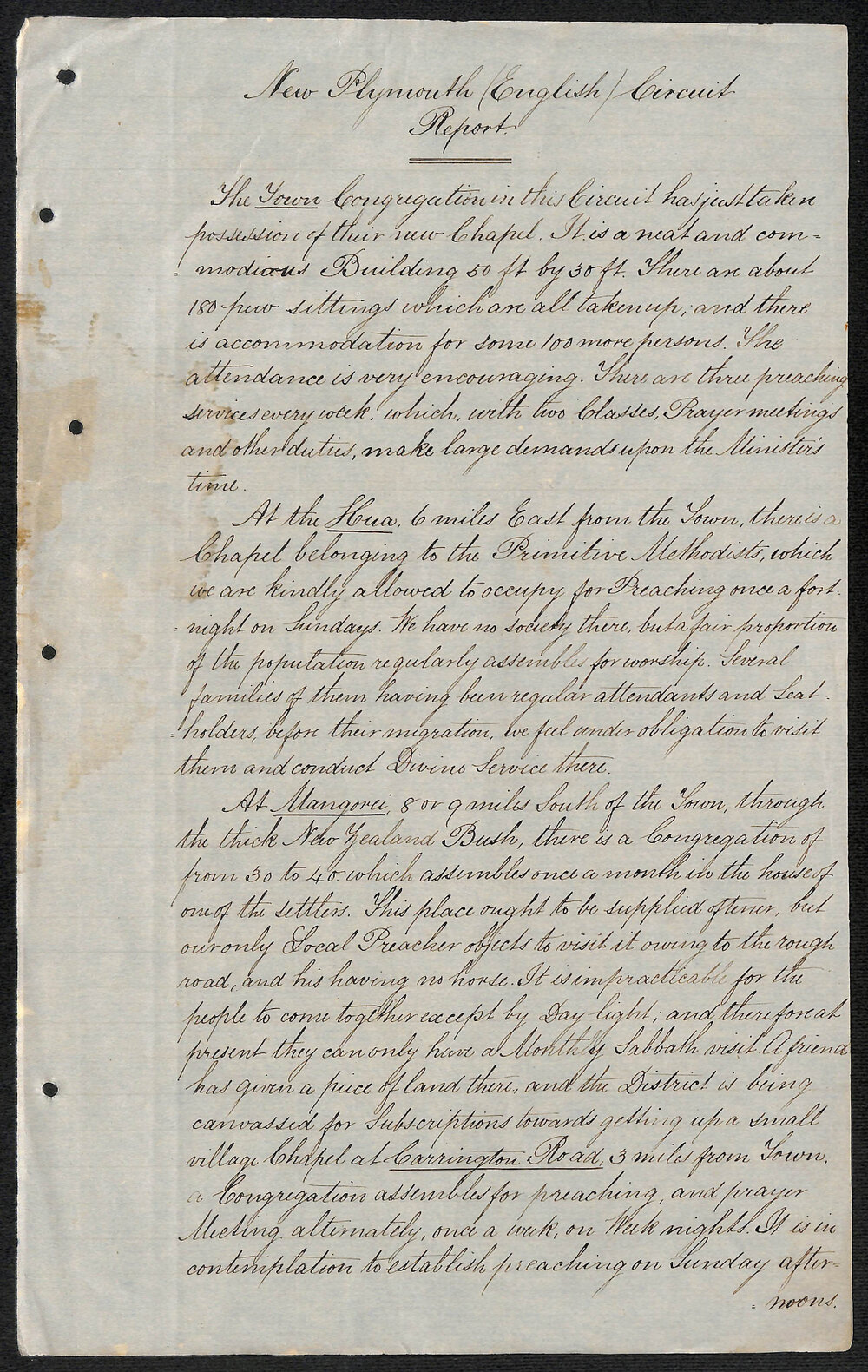 New Plymouth Circuit European &ndash; New Plymouth (English) Circuit Report by Rev. Samuel Ironside