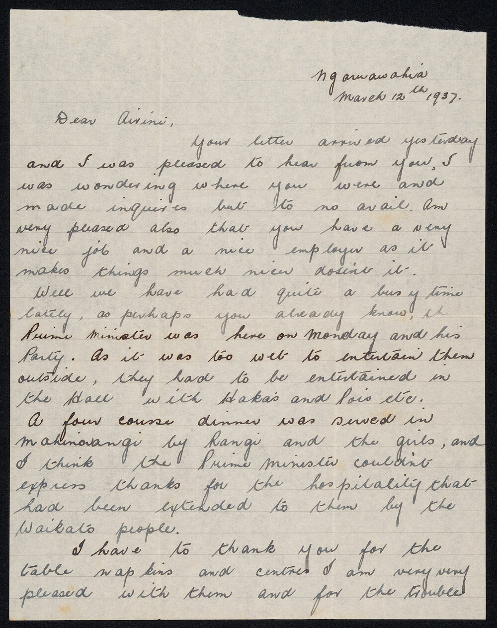 Letter Addressed to Airini from Te Puea Hērangi
