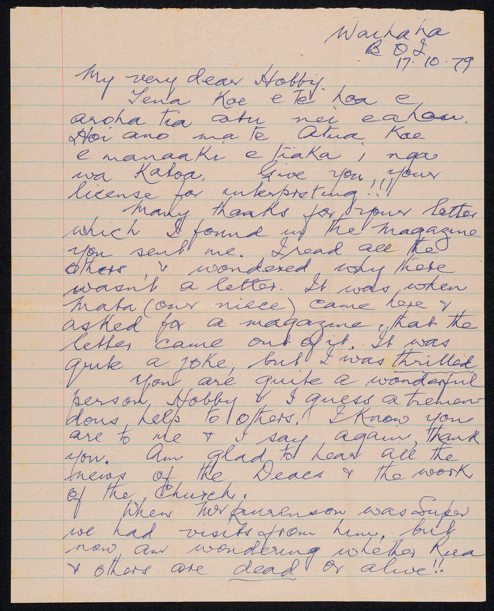 Letter Addressed to Hobby [Sister Hobbs] from Atawhai [Sister Wilcox]