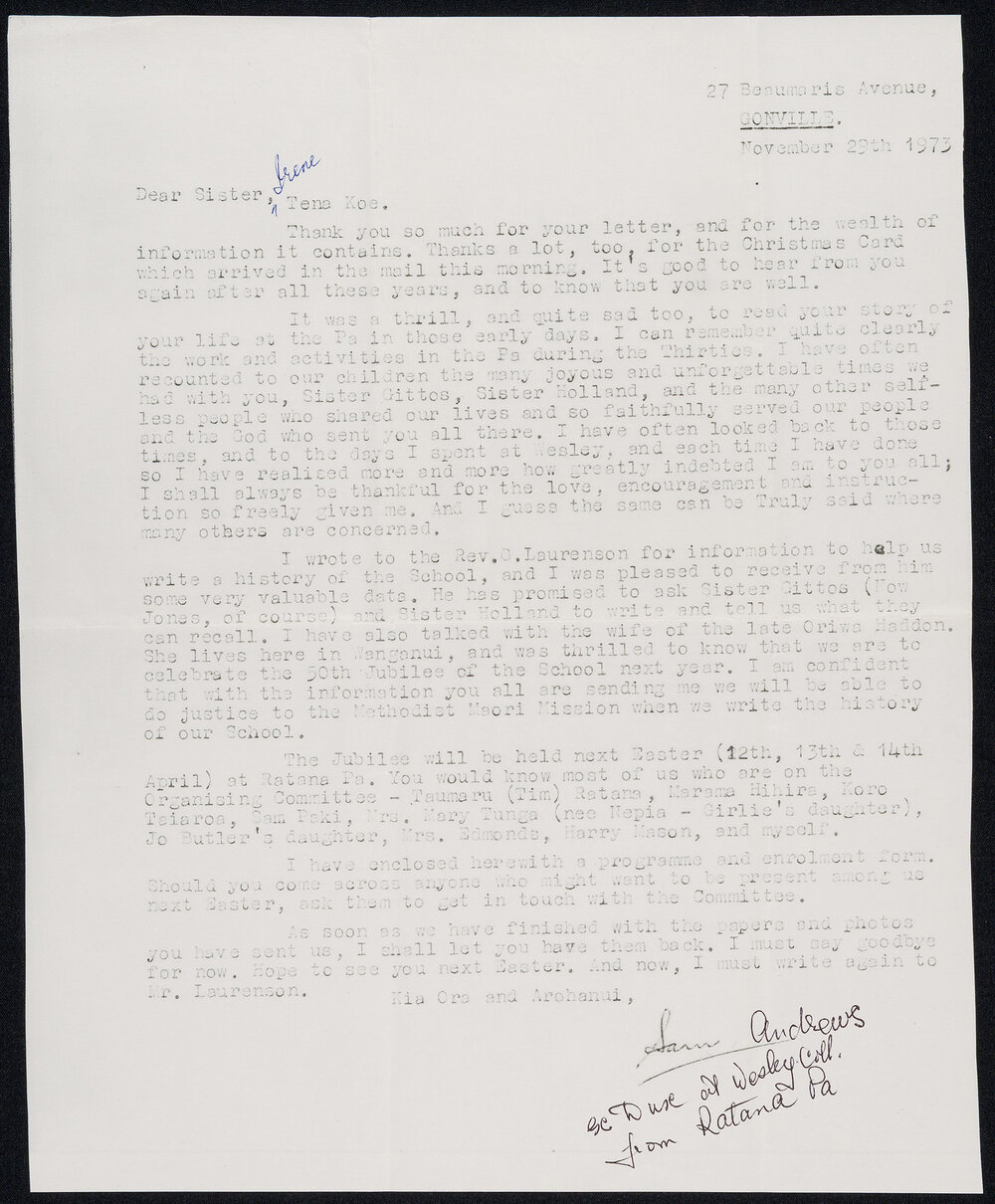 Letter Addressed to Sister Irene from Sam Andrews [Dux at Wesley College and from Rātana Pā]