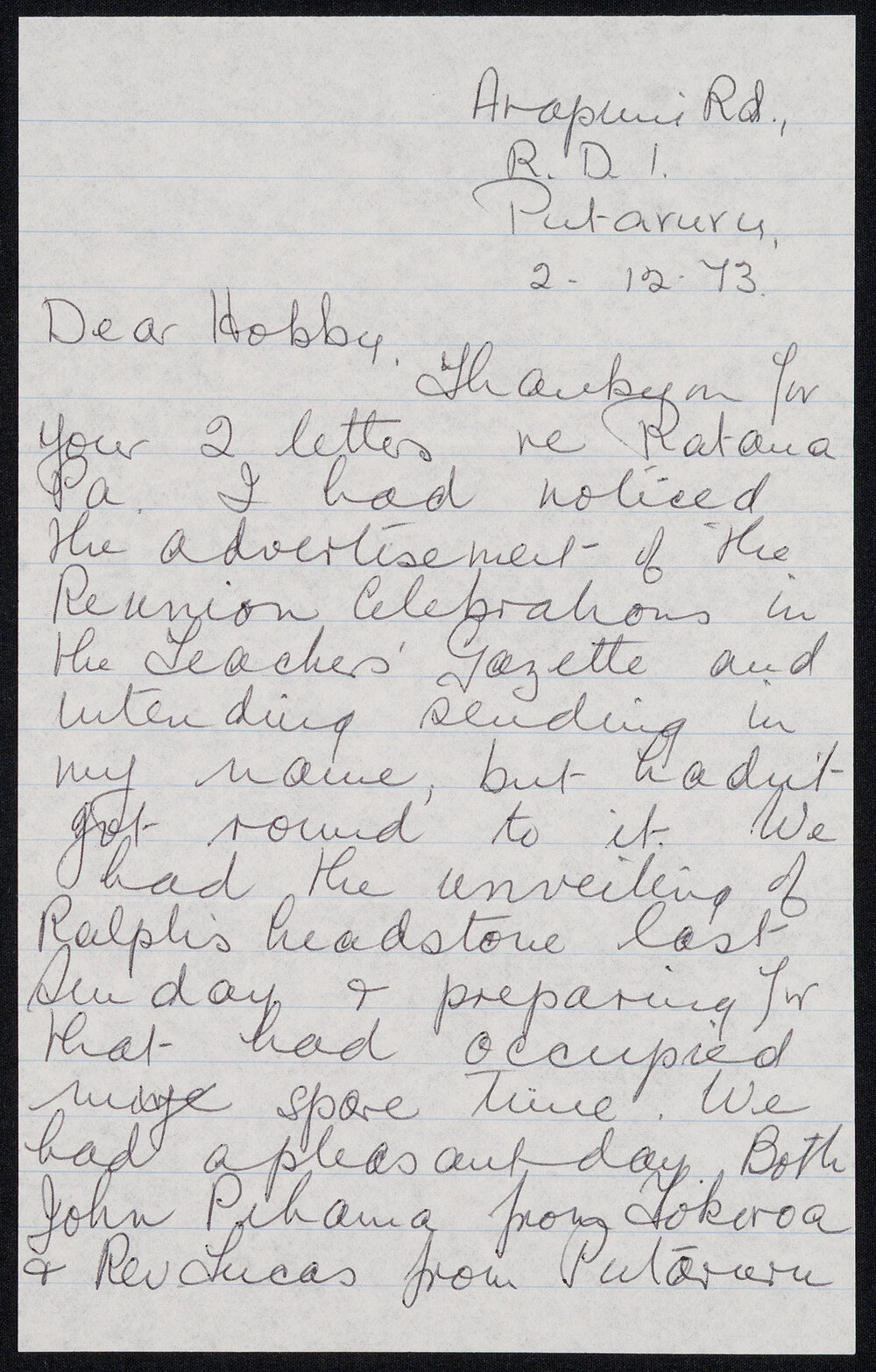 Letter Addressed to Hobby [Sister Hobbs] from Nancy Houmaha [n&eacute;e Sneddon of Putāruru, taught at Rātana School in 1932]