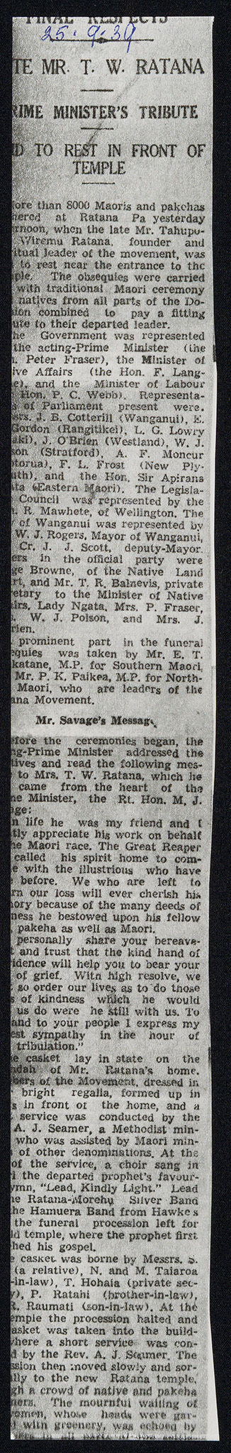 Newspaper Clippings About Tahupōtiki Wiremu Rātana's Funeral