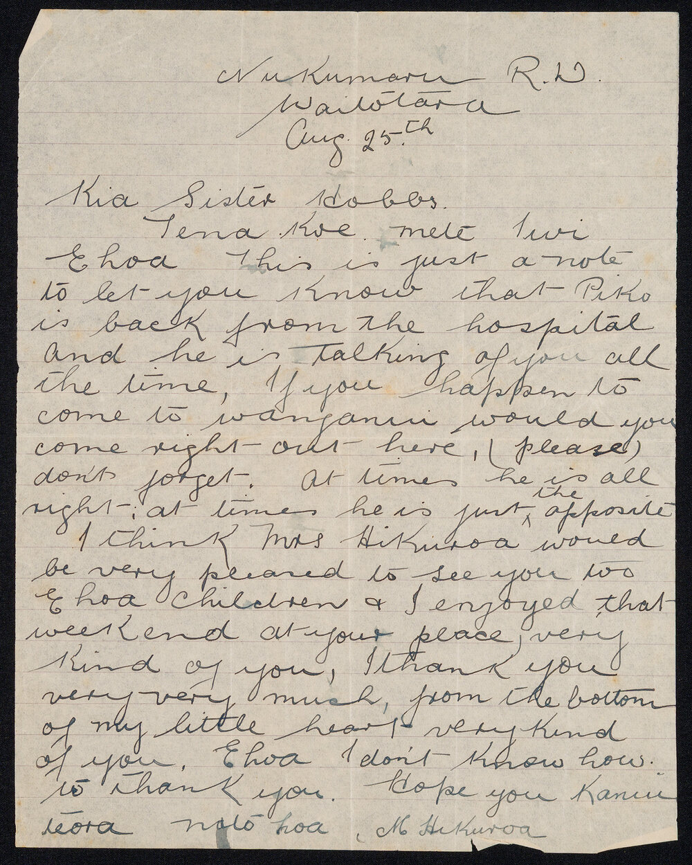 Letter Addressed to Sister Hobbs from M. Hikuroa [Regarding a Visit to Piko]