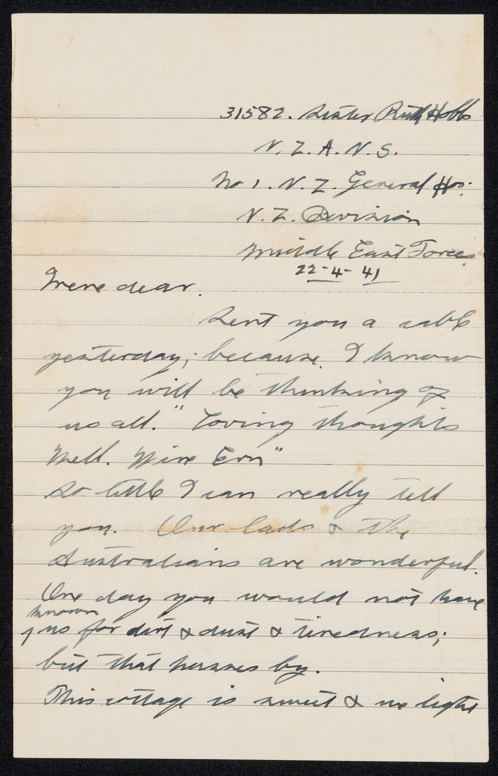 Letter Addressed to Irene from [Her Sister] Ruth Hobbs [While Stationed Overseas During WW2] and Photograph of a Woman and Dog