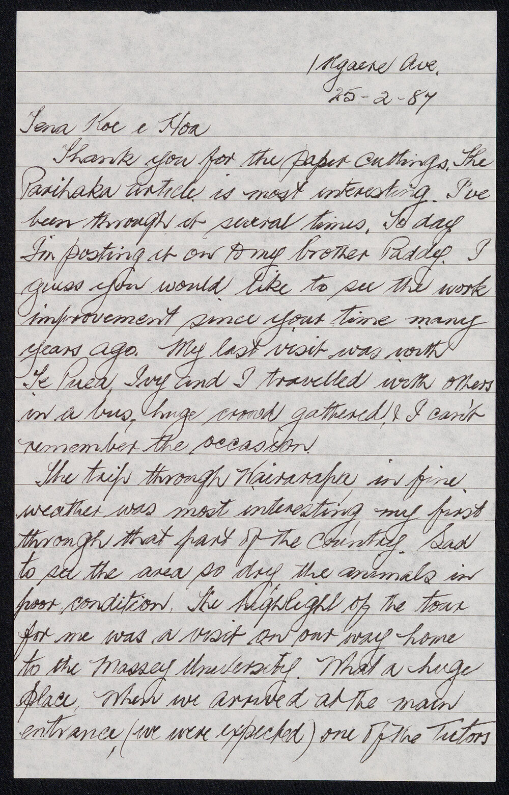 Letter Addressed to E Hoa [Sister Hobbs] from Heeni [Sister Wharemaru]
