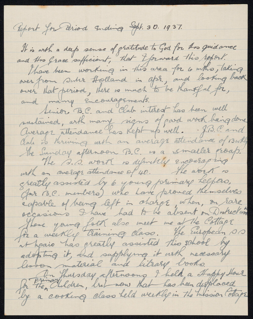 Home and Māori Mission Department - Sister Irene Hobb's Report for Period Ending September 30th, 1937 - Wanganui-Rangitikei District