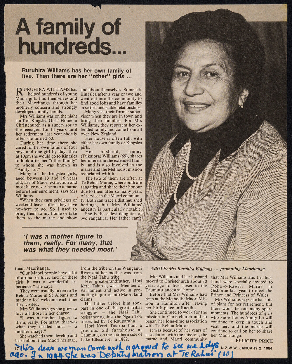 Newspaper Clipping About Ruruhira Williams [A Family of Hundreds, New Zealand Women's Weekly, January 2, 1984]