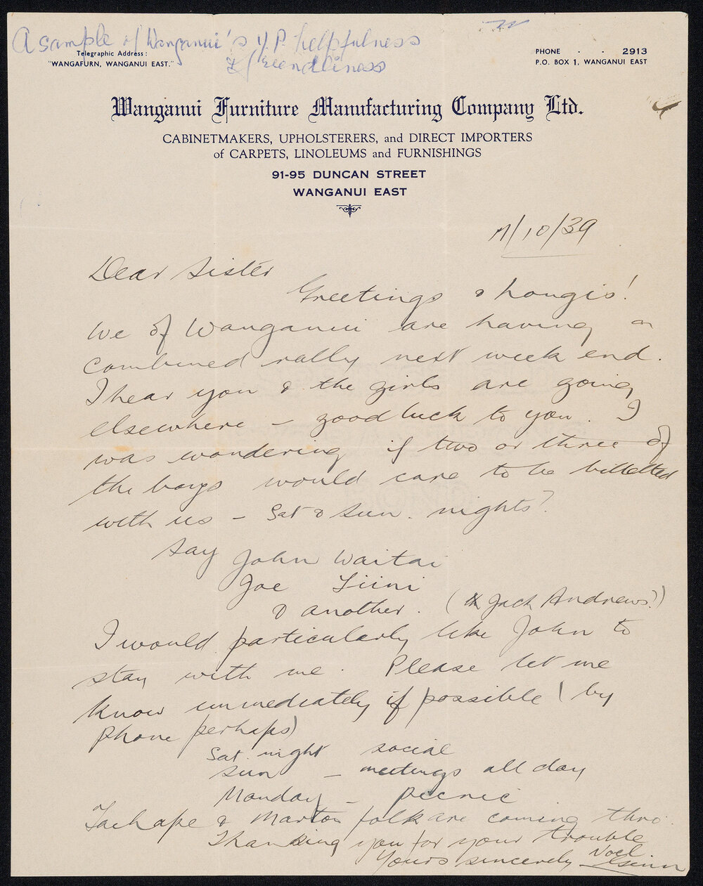 Letter Addressed to Sister [Hobbs] from Noel Ginn [Wanganui Furniture Manufacturing Company]