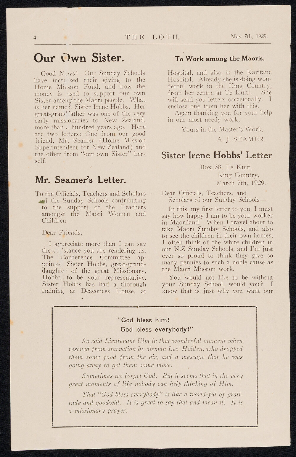 Pages from a NZ Methodist Publication [The Lotu, May 7th, 1929] Featuring Sister Irene Hobbs