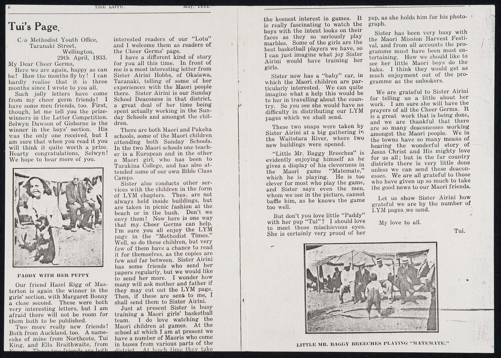 Clipping from a NZ Methodist Publication [The Lotu, May 1933] Featuring Tui's Page