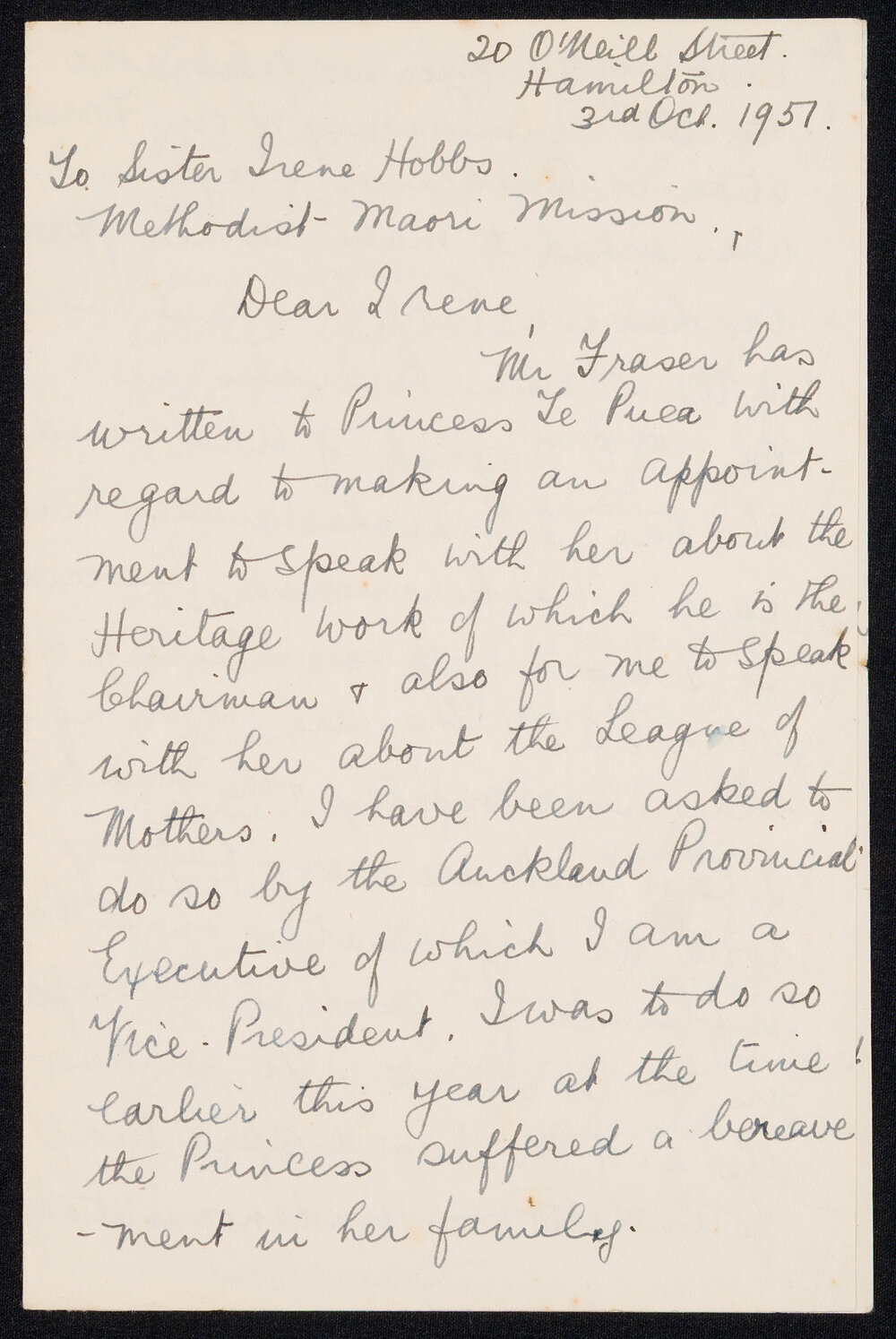 Letter Addressed to Sister Irene Hobbs from Beatrice Fraser