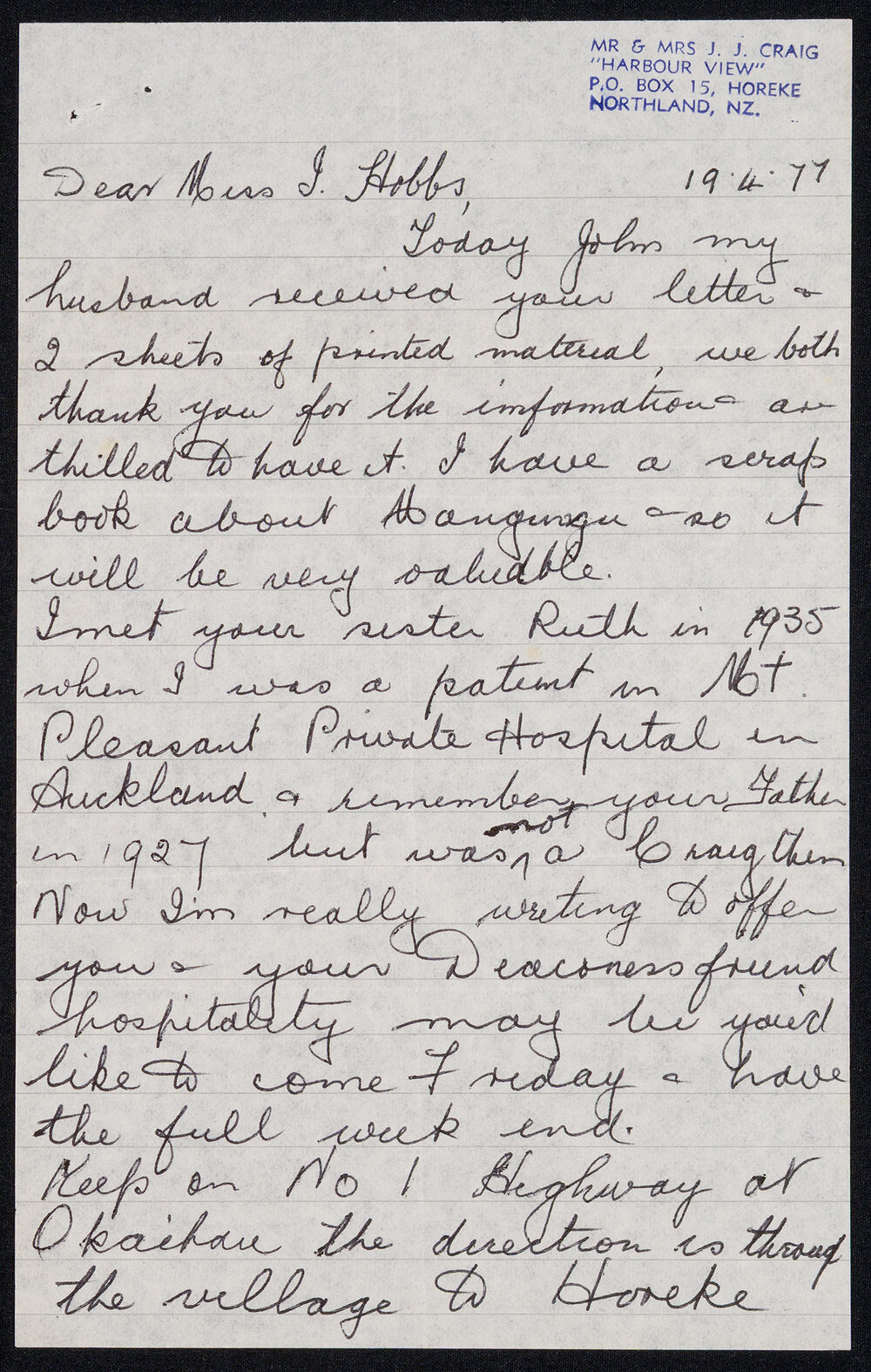 Letter Addressed to Miss J. Hobbs from Olive E. Craig