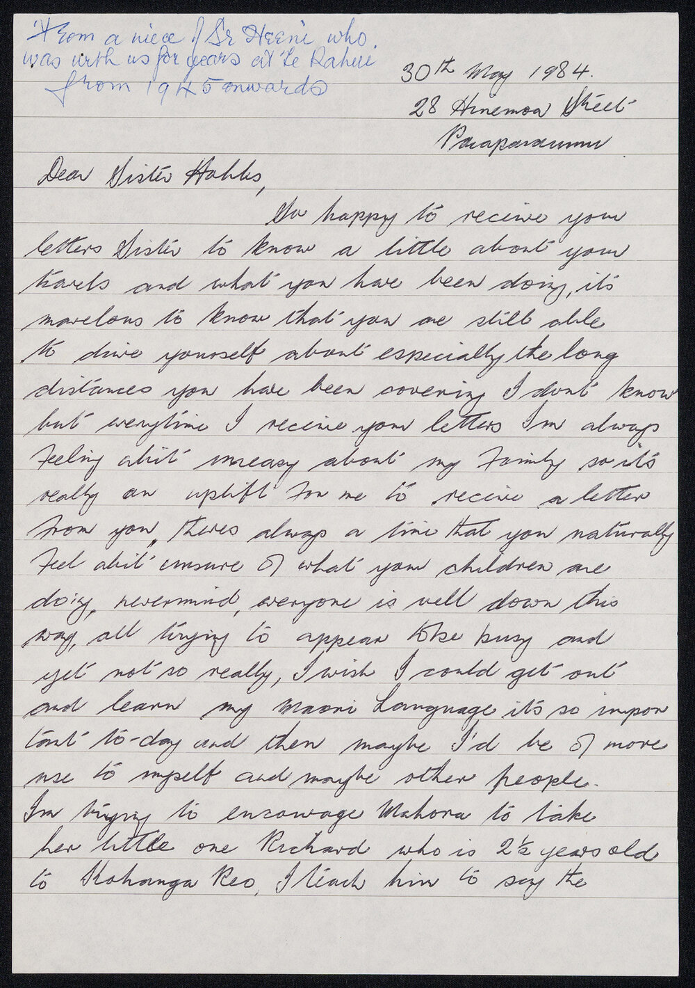 Letter Addressed to Sister Hobbs from Nora Bobby [Pidduck] and Family [related to Sister Heeni Wharemaru]