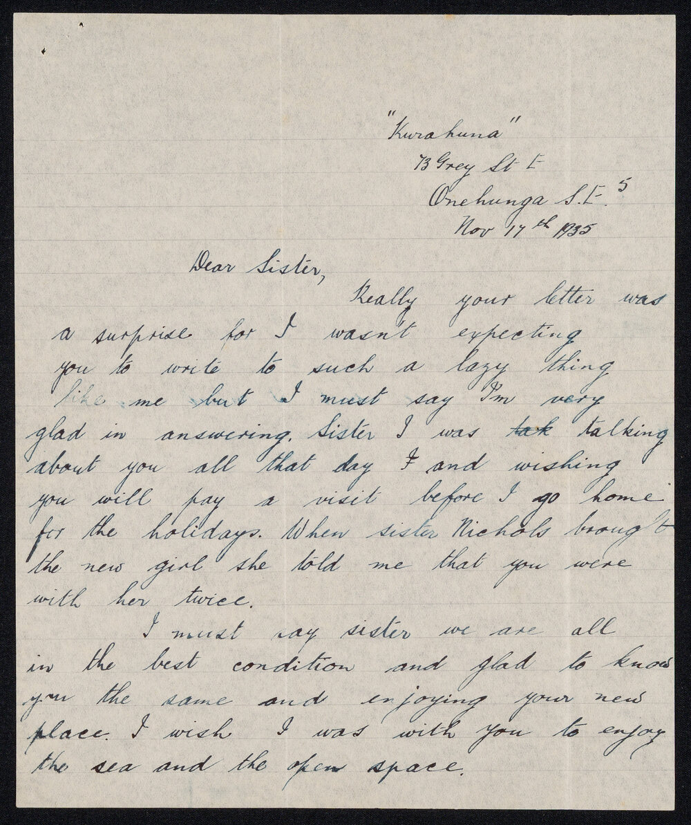Letter Addressed to Sister [Hobbs] from Kate Mateparae