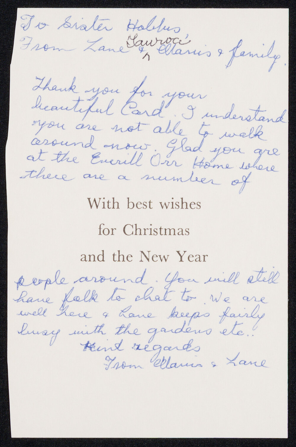 Part of a Christmas Card Addressed to Sister Hobbs from Alanis and Lane
